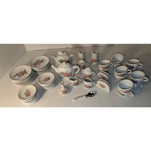 Vintage 52 Pc Frenzy Toys Children's Miniature Ceramic Tea Set Pink Floral